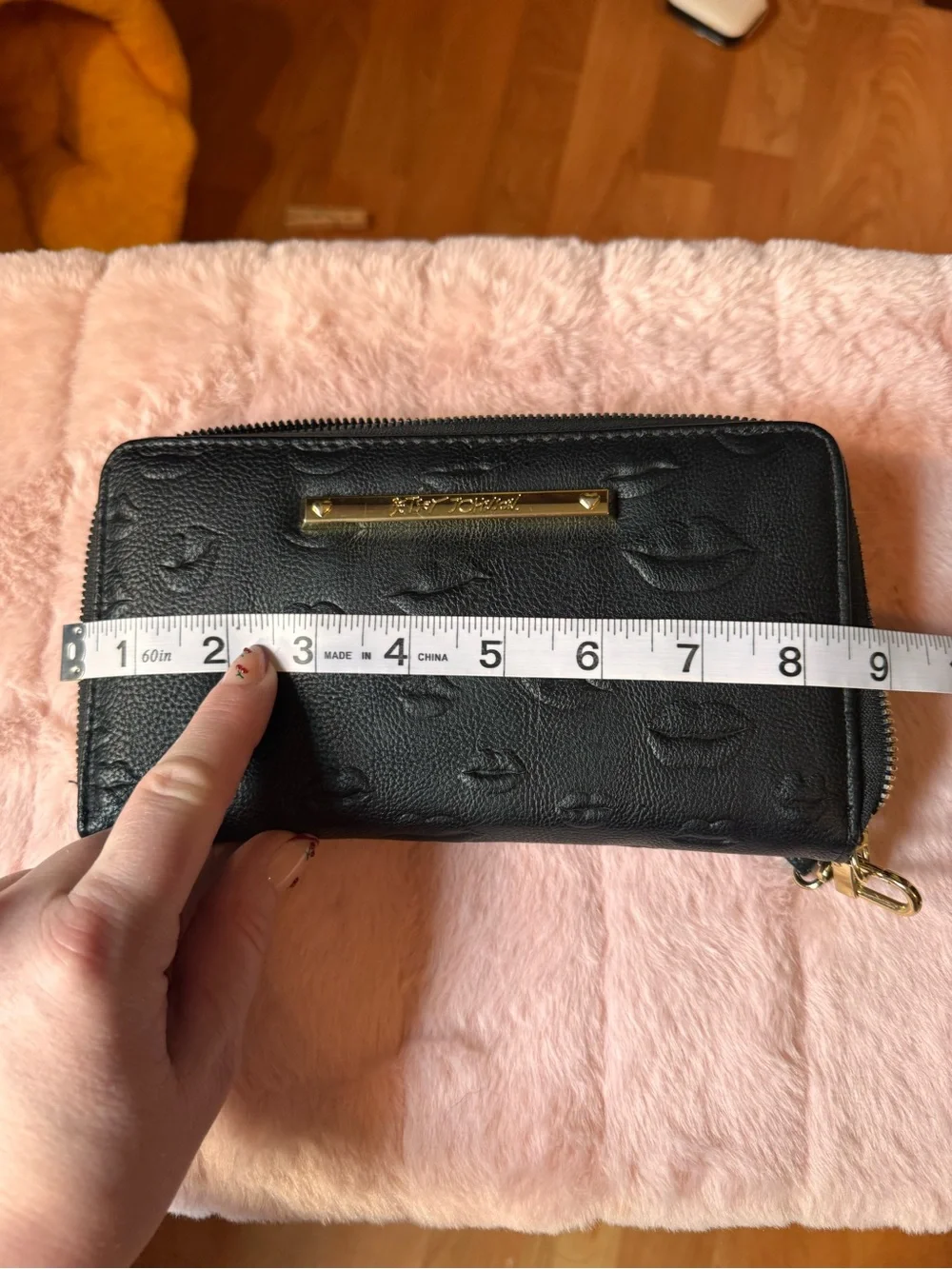 Betsey Johnson Black Embossed Lip Print Wristlet Wallet with Gold Accent